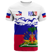 White T-shirt with Haitian map, flag sleeves, and Independence graphic front
