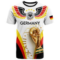 White Germany football T-shirt with black trim, wing crest and trophy graphic