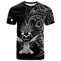 Black graphic warrior T-shirt with large tribal skull and feather design
