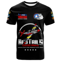 Black crewneck T-shirt with Tuskegee logo, fighter plane, and red text front print