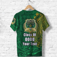 Green Polynesian T-shirt back, Class Of 0000 Your Text with Saineha crest