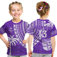 Kids purple rugby sevens T-shirt with geometric pattern and small team emblem on chest