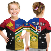 Kids T-shirt with red/blue/yellow/black graphic; front text Happy Torba/PNG Day