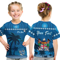 Blue Fiji Day T-shirt with palm art and 'Fiji Day', plus 'Your Text' back crest