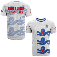 Football t-shirt in white with blue lion pattern and red 'THREE LIONS CHAMPIONS' print