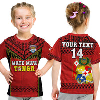 Kids red rugby T-shirt showing front “MATE MA’A TONGA” and back “YOUR TEXT 14”
