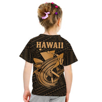 Kids black graphic T-shirt with gold Hawaii text and shark illustration on back