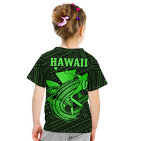 Kids green/black shark graphic T-shirt with HAWAII text on back