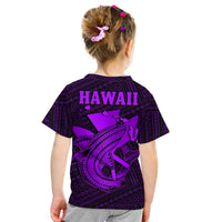 Kids back view Hawaii graphic T-shirt in purple and black with shark artwork