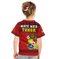 Kids red rugby T-shirt with “MATE MA’A TONGA” back print and crest graphic