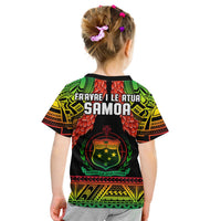 Kids rugby T-shirt back view in black with green, yellow, and red patterning