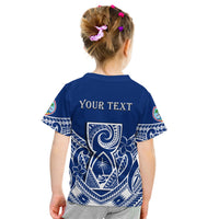 Kids graphic T-shirt in blue with back YOUR TEXT and emblem print
