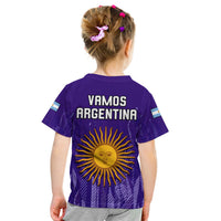 Purple kids football T-shirt with VAMOS ARGENTINA text and sun graphic on back