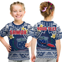 Kids Samoa T-shirt set, blue with front SAMOA print, plumeria flowers, and patterned hem