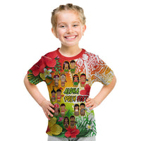 Kids tropical festival T-shirt with Aloha Poly Fest graphic, red collar, hibiscus