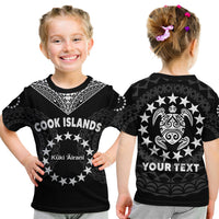 Kids black graphic T-shirt with front text and sea turtle emblem; back print also shown
