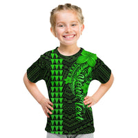 Kids green/black shark graphic T-shirt with tribal pattern and lei leaf