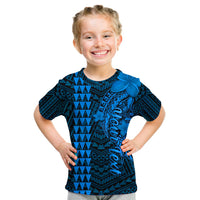 Kids blue graphic t-shirt with tribal geometric pattern and shark artwork