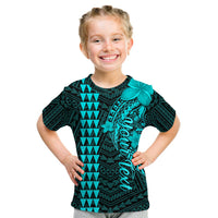 Turquoise and black kids T-shirt with shark graphic and geometric tribal pattern, crew neck.