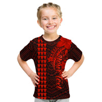 Kids T-shirt with dark red tribal pattern, shark graphic, and red flower on front