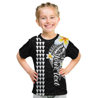Black kids T-shirt with geometric pattern, white shark graphic, and flower accents