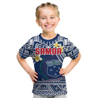 Kids Samoa T-shirt in blue with front SAMOA text, plumeria flowers, and patterned border