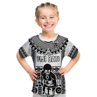 Kids custom rugby T-shirt with black-and-white tribal print, FIJI BATI text and central figure