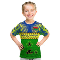 Kids Malampa T-shirt front, green/blue tribal print with flag emblem and yellow MALAMPA