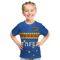 Blue kid t-shirt with flag logo, TAFEA lettering, stars, and tribal pattern