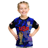 Kids football T-shirt, blue and black with USA crest, USA lettering, and trophy print