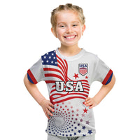 Custom USA football t-shirt on child, white with flag graphic, USA crest and star pattern