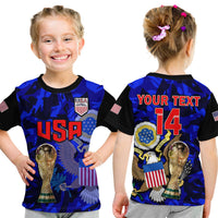 Kids football T-shirt, blue and black with USA emblem and large USA graphic