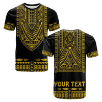 Polynesian dashiki T-shirt: black with gold tribal print, front and back