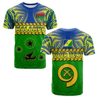 Malampa T-shirt, green/blue tribal print with flag emblem, stars, and yellow MALAMPA text