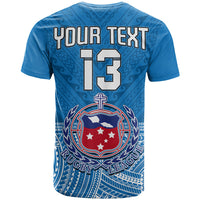Blue Samoan rugby T-shirt with 'YOUR TEXT 13' and rugby league crest