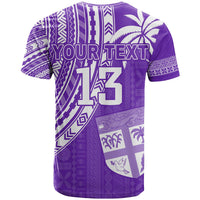 Purple rugby sevens T-shirt back with custom YOUR TEXT and number 13, tribal print