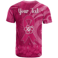 Pink awareness T-shirt with large back ribbon graphic, hibiscus flowers, and 'Your Text'