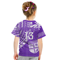 Kids purple rugby sevens T-shirt with custom text and number 13 on back panel