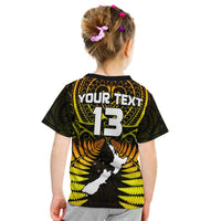 Kids black T-shirt back: YOUR TEXT, gold ferns, and number 13 print