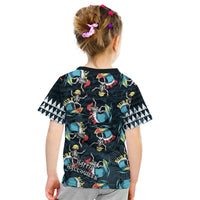 Kids black T-shirt with back print of surf skeletons and surfboards, triangular sleeve trim