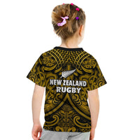 Kids rugby T-shirt back, black with gold Maori swirl pattern and New Zealand Rugby print