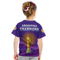 Kids purple football T-shirt with ARGENTINA CHAMPIONS back and gold trophy print