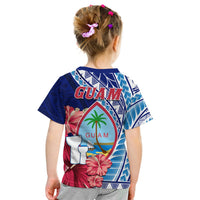 Kids navy T-shirt with Guam back graphic, floral and palm design, short sleeves