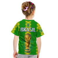 Kids Brazil football T-shirt in green with yellow stripes, BRASIL back and gold trophy