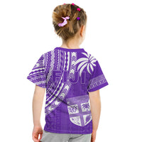 Kids purple rugby sevens T-shirt, back view with white tapa stripes and palm designs