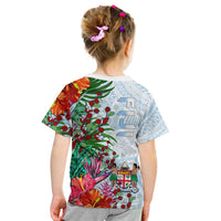 Kids' light blue tropical floral T-shirt with back lettering and hibiscus flowers.