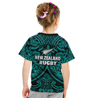 Kids rugby T-shirt back with teal-and-black pattern and New Zealand Rugby text