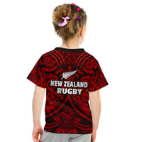 Kids rugby T-shirt back in black and red with Maori pattern, New Zealand Rugby text