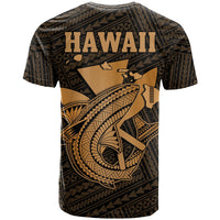 Black graphic T-shirt with gold Hawaii text and shark tail illustration on back