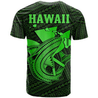 Green/black shark graphic T-shirt with large HAWAII text on back